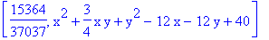 [15364/37037, x^2+3/4*x*y+y^2-12*x-12*y+40]